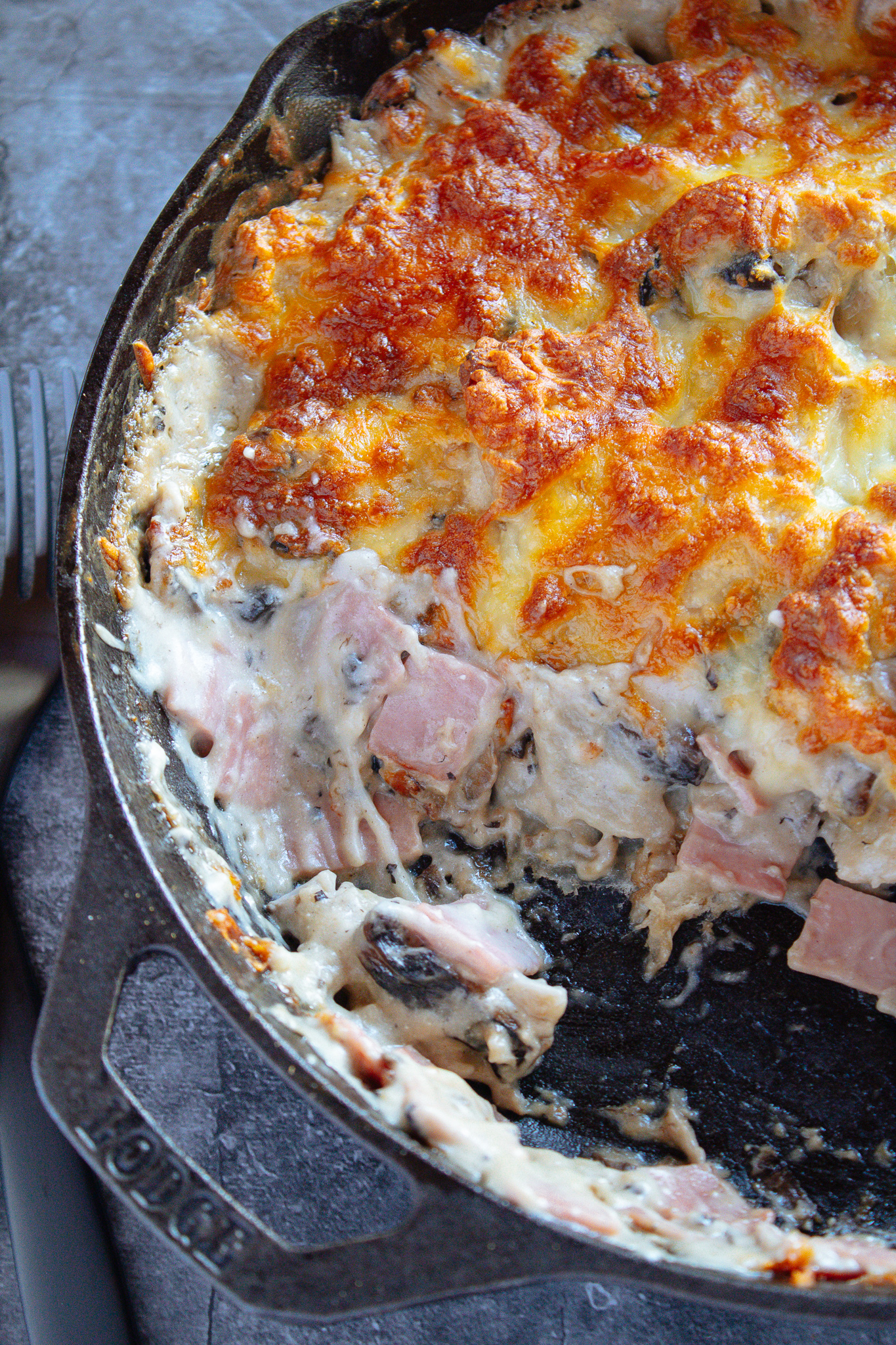 Skillet Ham and Mushroom Bread Casserole